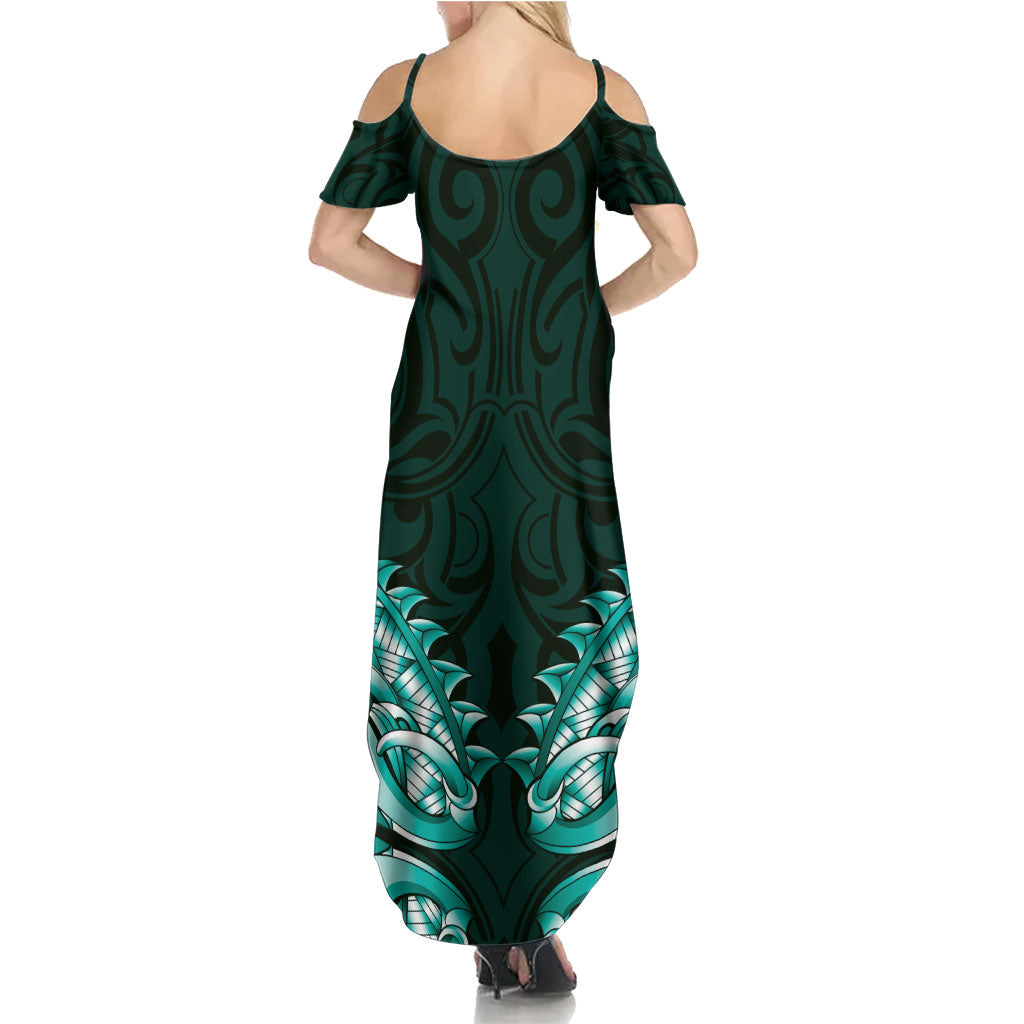 New Zealand Ta Moko Summer Maxi Dress Aotearoa Maori Chest Tattoo Turquoise LT14 - Polynesian Pride