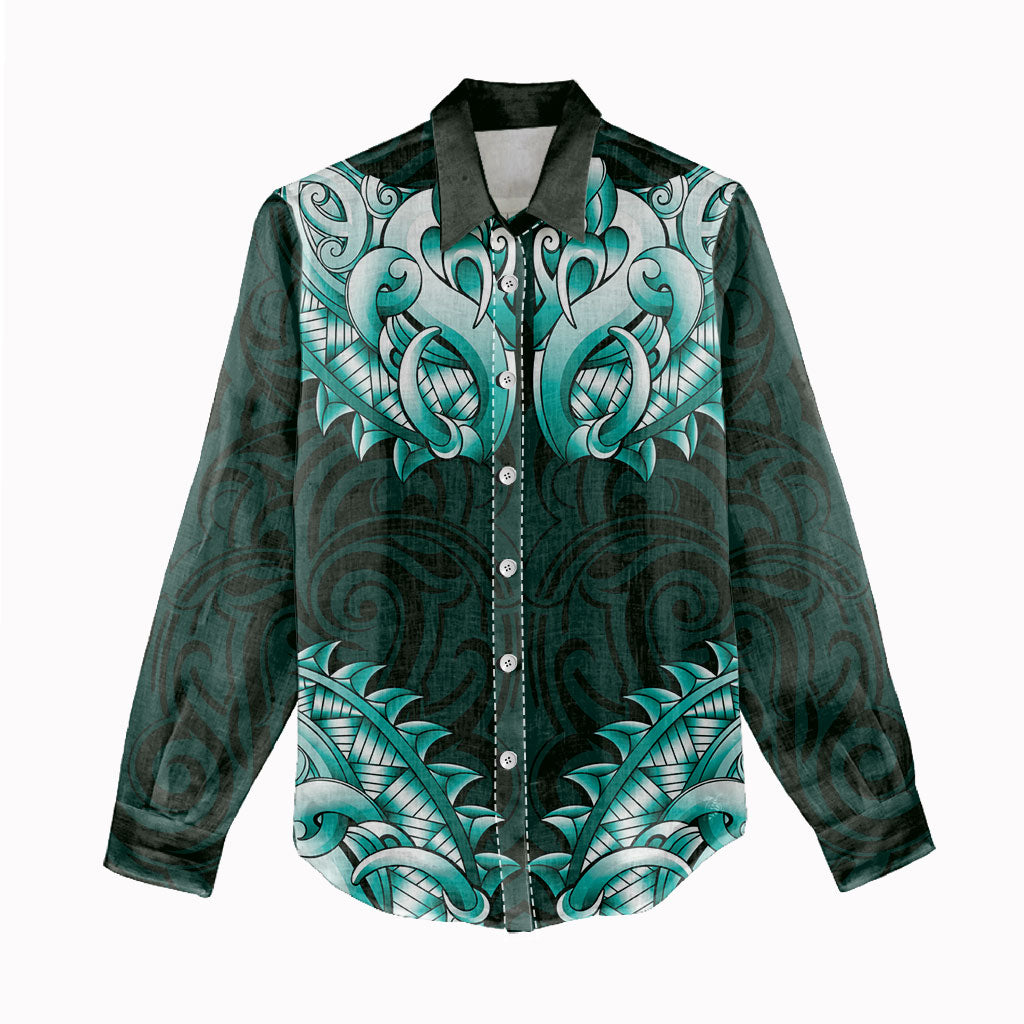 New Zealand Ta Moko Women Casual Shirt Aotearoa Maori Chest Tattoo Turquoise LT14 - Polynesian Pride