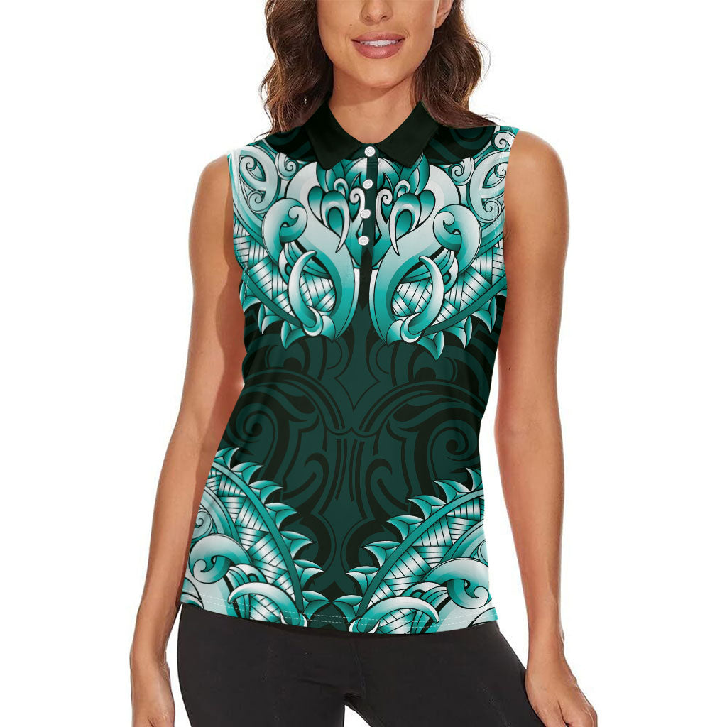 New Zealand Ta Moko Women Sleeveless Polo Shirt Aotearoa Maori Chest Tattoo Turquoise LT14 - Polynesian Pride