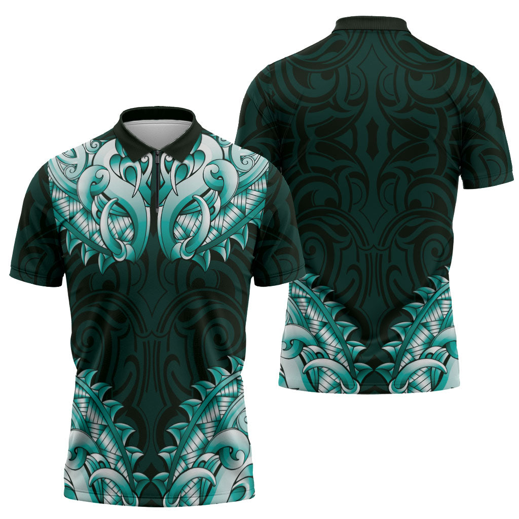 New Zealand Ta Moko Zipper Polo Shirt Aotearoa Maori Chest Tattoo Turquoise LT14 - Polynesian Pride