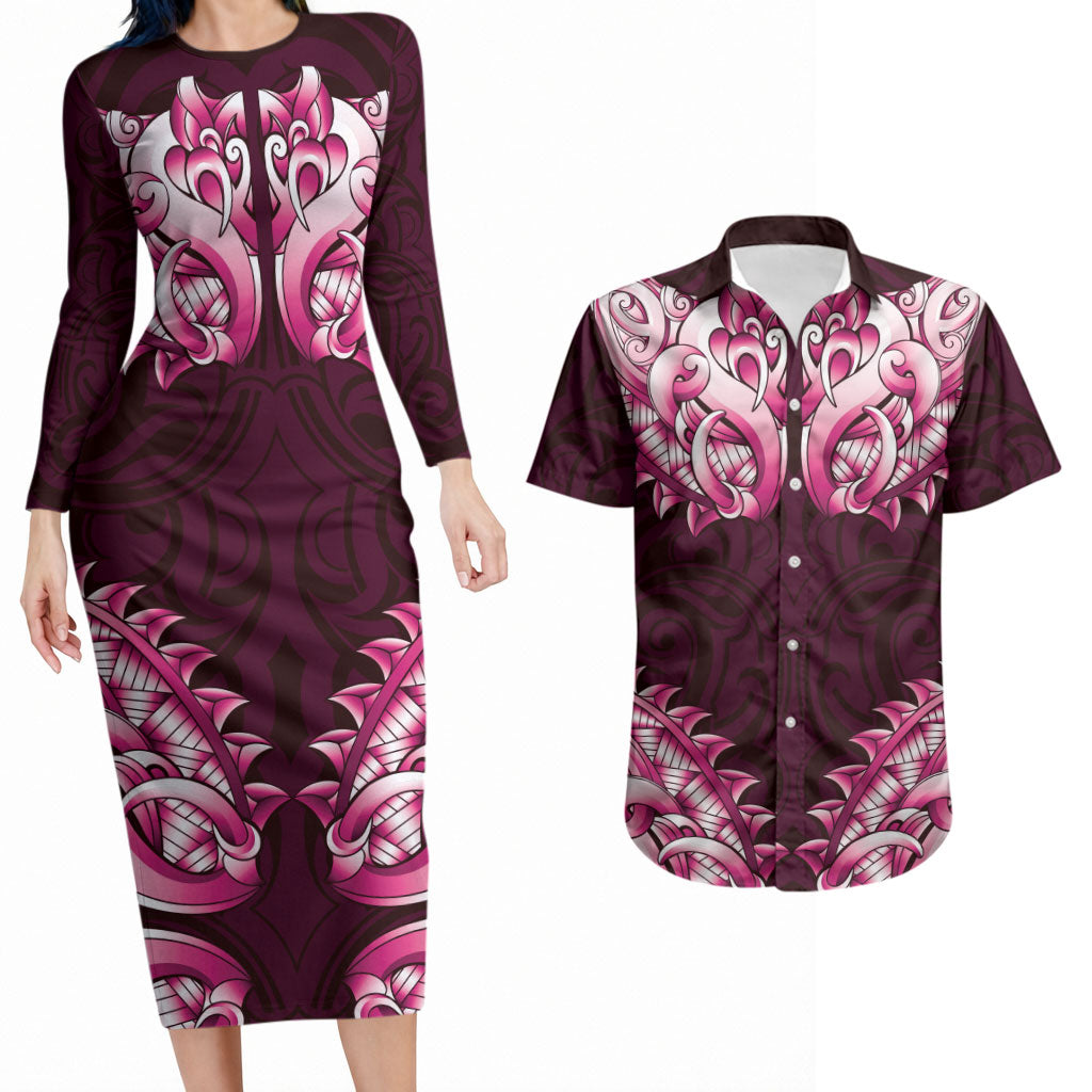 New Zealand Ta Moko Couples Matching Long Sleeve Bodycon Dress and Hawaiian Shirt Aotearoa Maori Chest Tattoo Pink LT14 Pink - Polynesian Pride
