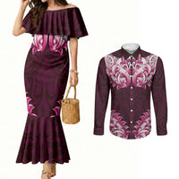 New Zealand Ta Moko Couples Matching Mermaid Dress and Long Sleeve Button Shirt Aotearoa Maori Chest Tattoo Pink LT14 Pink - Polynesian Pride