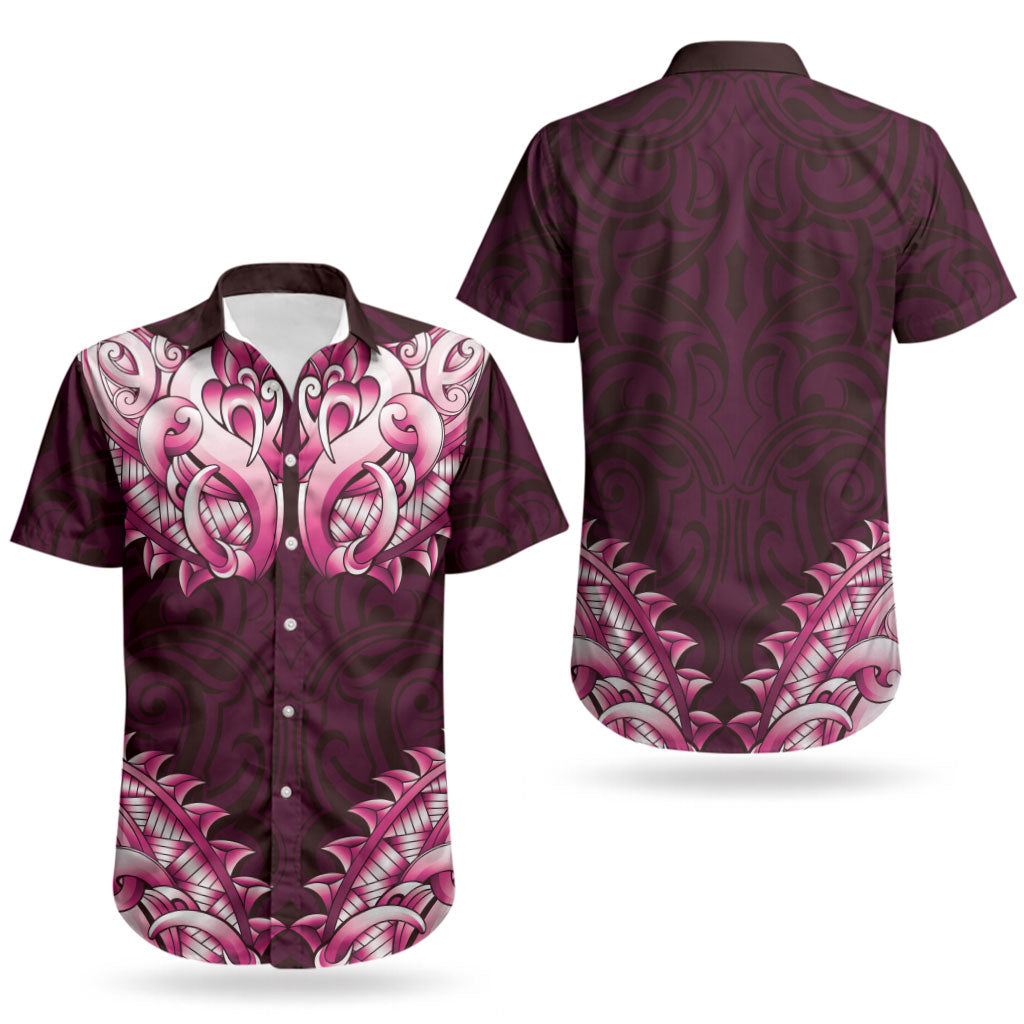 New Zealand Ta Moko Couples Matching Off Shoulder Maxi Dress and Hawaiian Shirt Aotearoa Maori Chest Tattoo Pink LT14 - Polynesian Pride