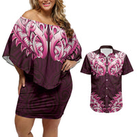 New Zealand Ta Moko Couples Matching Off Shoulder Short Dress and Hawaiian Shirt Aotearoa Maori Chest Tattoo Pink LT14 Pink - Polynesian Pride