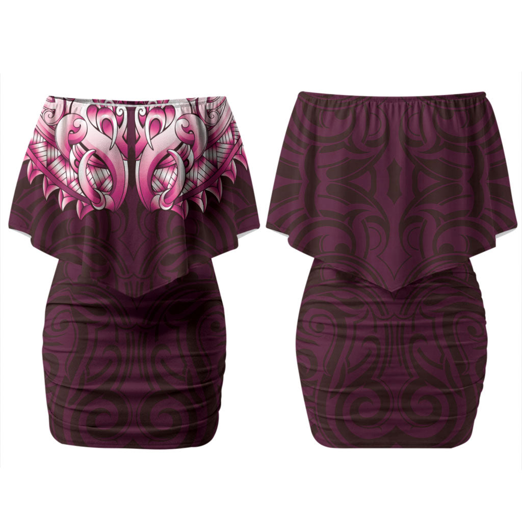 New Zealand Ta Moko Couples Matching Off Shoulder Short Dress and Hawaiian Shirt Aotearoa Maori Chest Tattoo Pink LT14 - Polynesian Pride