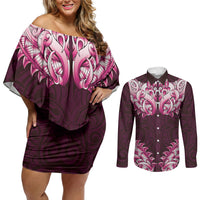 New Zealand Ta Moko Couples Matching Off Shoulder Short Dress and Long Sleeve Button Shirt Aotearoa Maori Chest Tattoo Pink LT14 Pink - Polynesian Pride