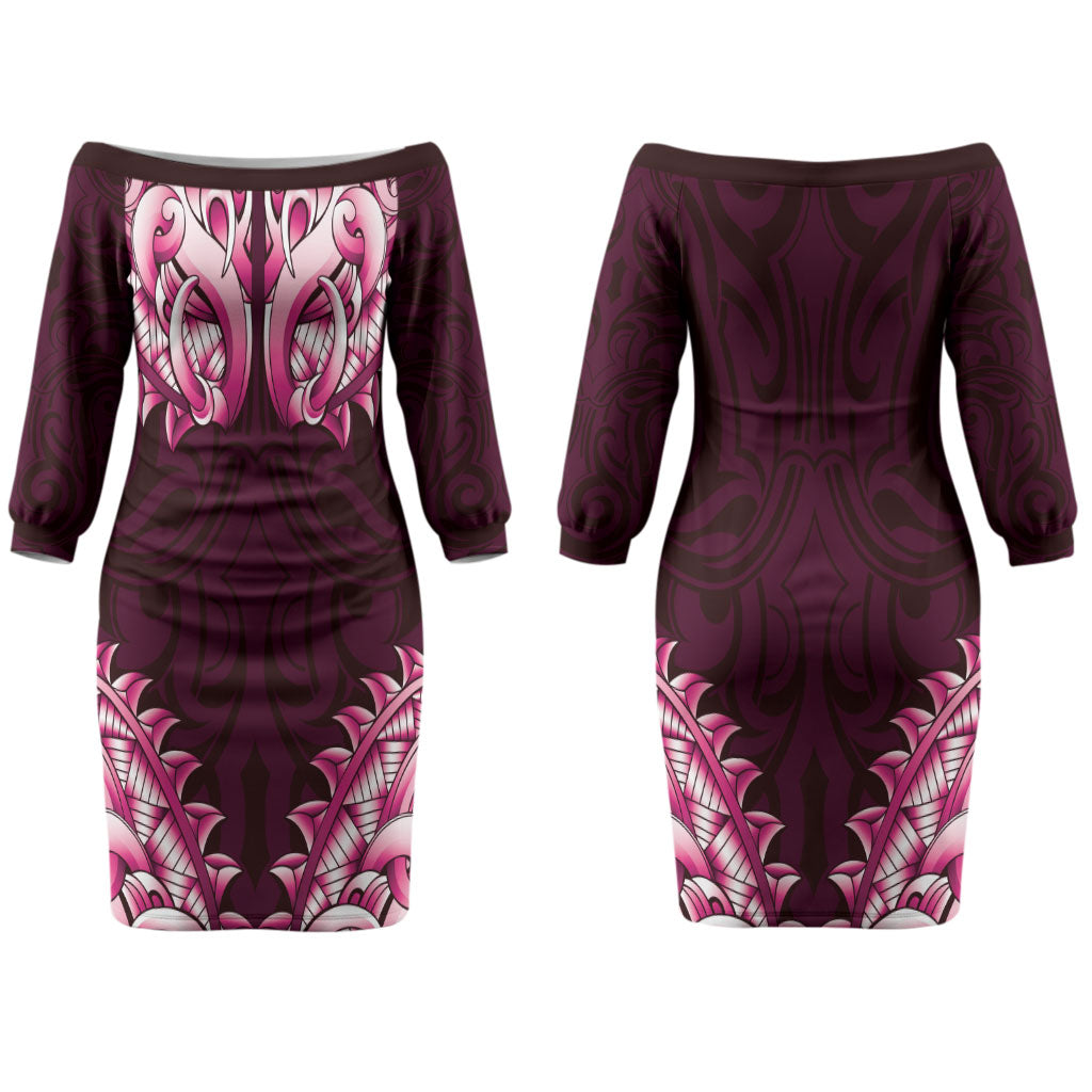 New Zealand Ta Moko Couples Matching Off The Shoulder Long Sleeve Dress and Hawaiian Shirt Aotearoa Maori Chest Tattoo Pink LT14 - Polynesian Pride