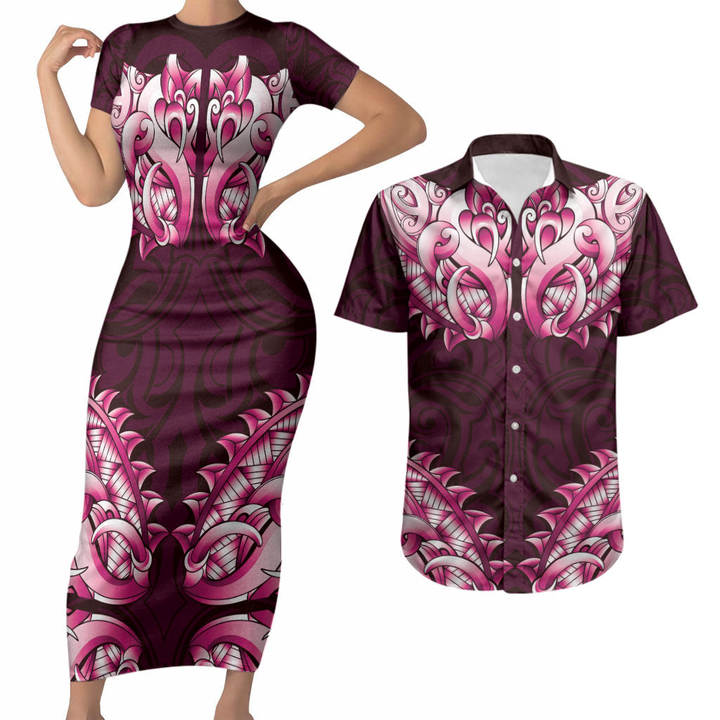New Zealand Ta Moko Couples Matching Short Sleeve Bodycon Dress and Hawaiian Shirt Aotearoa Maori Chest Tattoo Pink LT14 Pink - Polynesian Pride