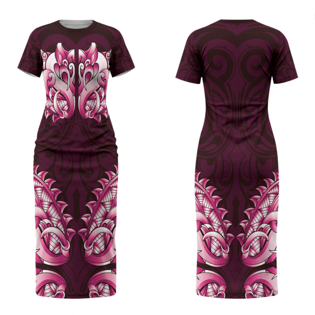 New Zealand Ta Moko Couples Matching Short Sleeve Bodycon Dress and Long Sleeve Button Shirt Aotearoa Maori Chest Tattoo Pink LT14 - Polynesian Pride