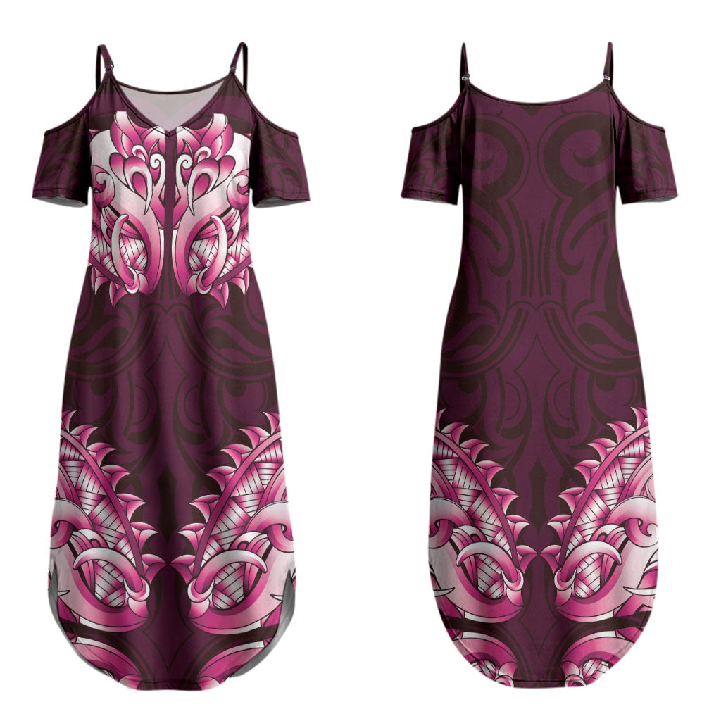 New Zealand Ta Moko Couples Matching Summer Maxi Dress and Long Sleeve Button Shirt Aotearoa Maori Chest Tattoo Pink LT14 - Polynesian Pride