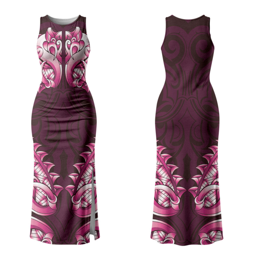 New Zealand Ta Moko Couples Matching Tank Maxi Dress and Long Sleeve Button Shirt Aotearoa Maori Chest Tattoo Pink LT14 - Polynesian Pride
