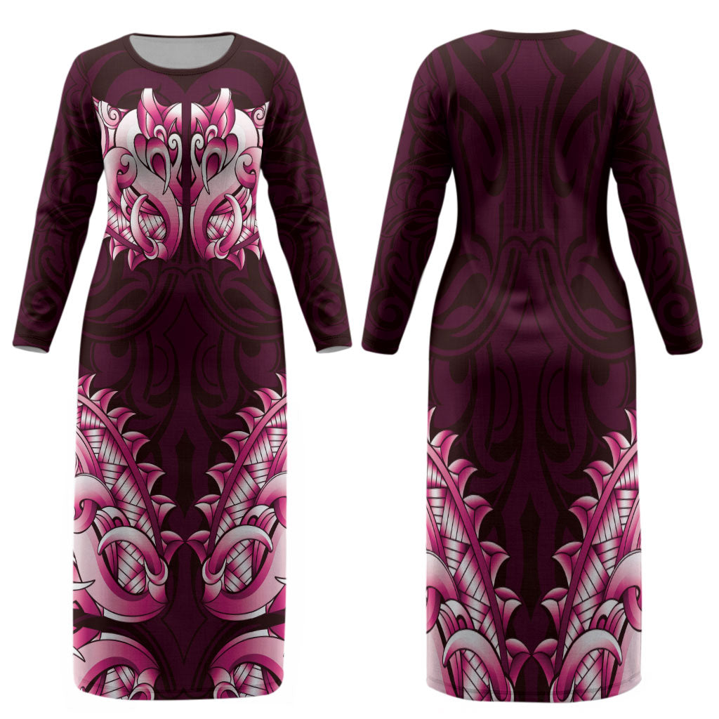 New Zealand Ta Moko Family Matching Long Sleeve Bodycon Dress and Hawaiian Shirt Aotearoa Maori Chest Tattoo Pink LT14 Mom's Dress Pink - Polynesian Pride