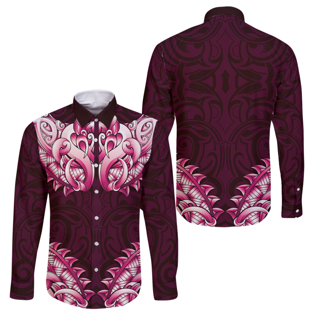 New Zealand Ta Moko Family Matching Long Sleeve Bodycon Dress and Hawaiian Shirt Aotearoa Maori Chest Tattoo Pink LT14 Dad's Shirt - Long Sleeve Pink - Polynesian Pride
