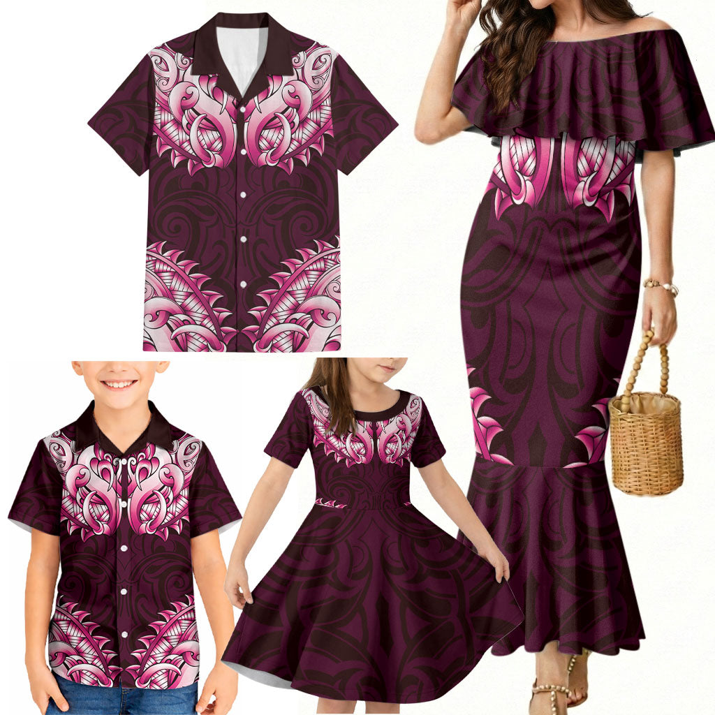 New Zealand Ta Moko Family Matching Mermaid Dress and Hawaiian Shirt Aotearoa Maori Chest Tattoo Pink LT14 - Polynesian Pride