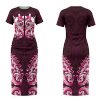 New Zealand Ta Moko Family Matching Short Sleeve Bodycon Dress and Hawaiian Shirt Aotearoa Maori Chest Tattoo Pink LT14 Mom's Dress Pink - Polynesian Pride