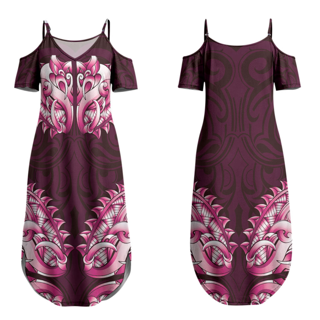 New Zealand Ta Moko Family Matching Summer Maxi Dress and Hawaiian Shirt Aotearoa Maori Chest Tattoo Pink LT14 Mom's Dress Pink - Polynesian Pride
