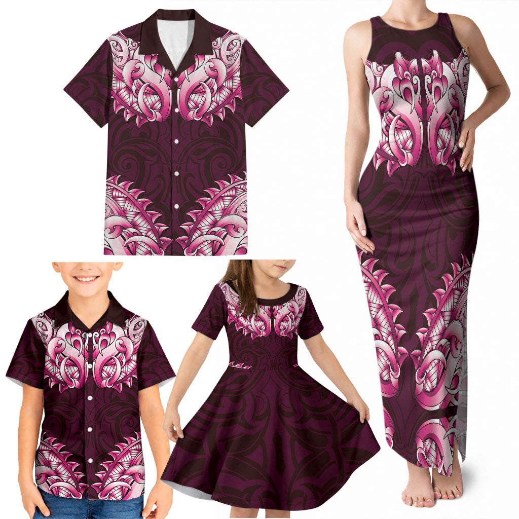 New Zealand Ta Moko Family Matching Tank Maxi Dress and Hawaiian Shirt Aotearoa Maori Chest Tattoo Pink LT14 - Polynesian Pride