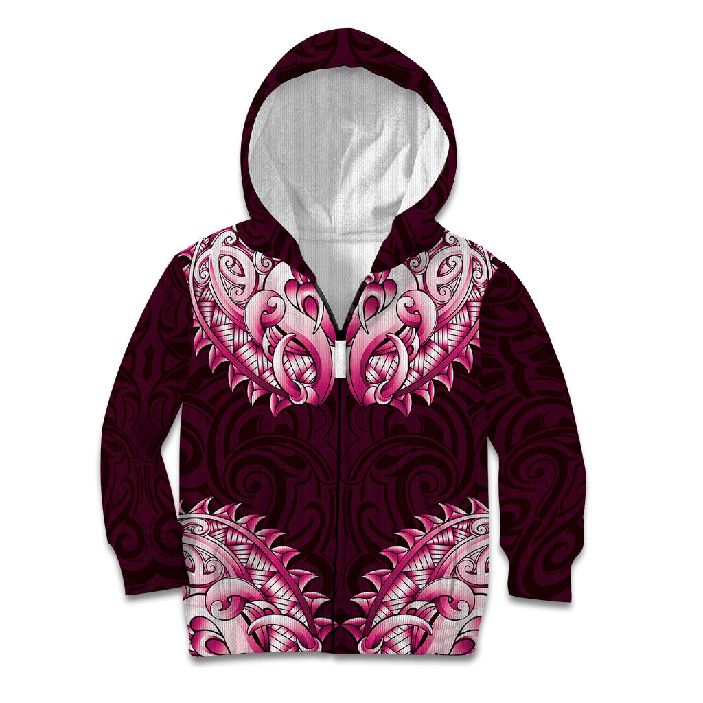 New Zealand Ta Moko Kid Hoodie Aotearoa Maori Chest Tattoo Pink LT14 Zip Hoodie Pink - Polynesian Pride