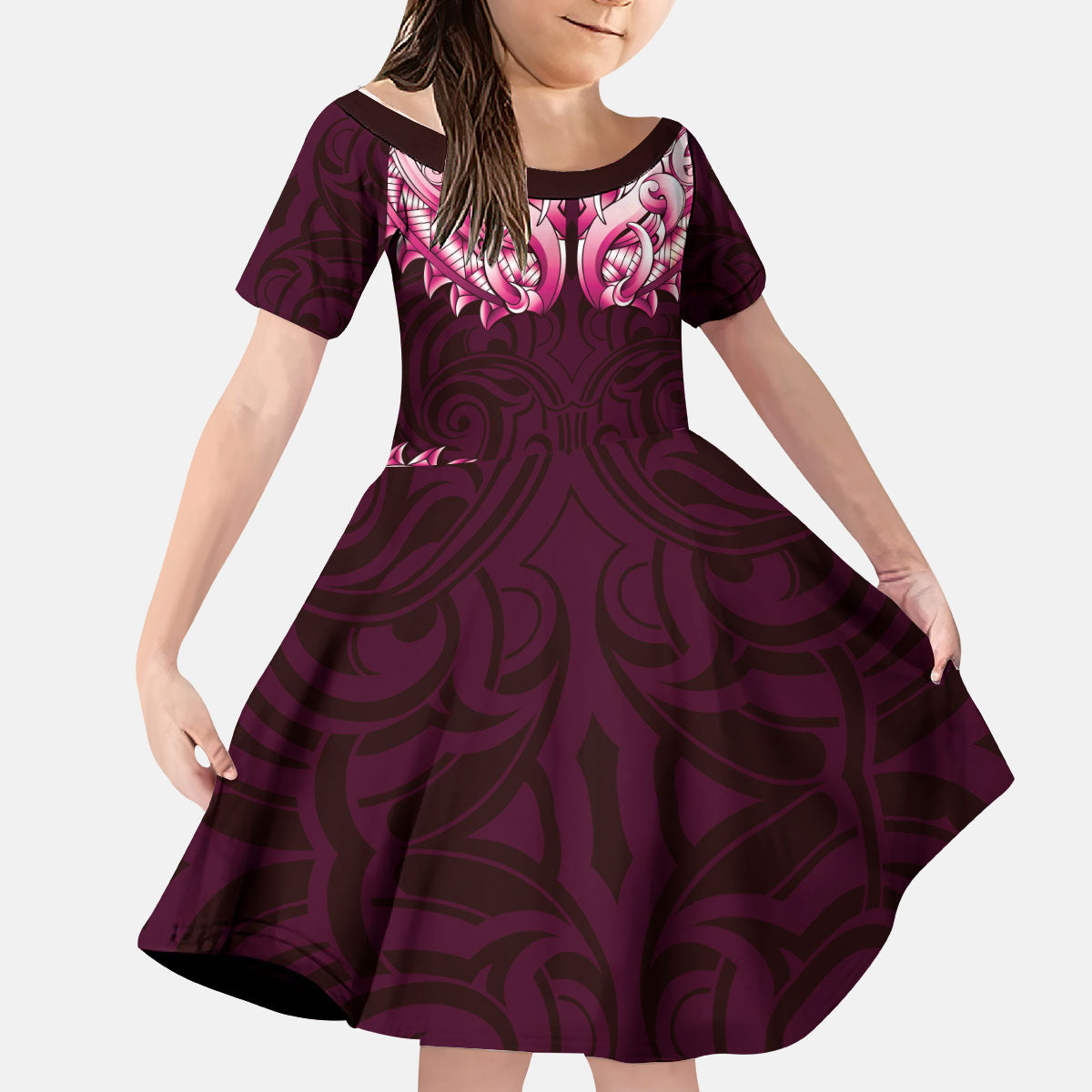 New Zealand Ta Moko Kid Short Sleeve Dress Aotearoa Maori Chest Tattoo Pink LT14 KID Pink - Polynesian Pride