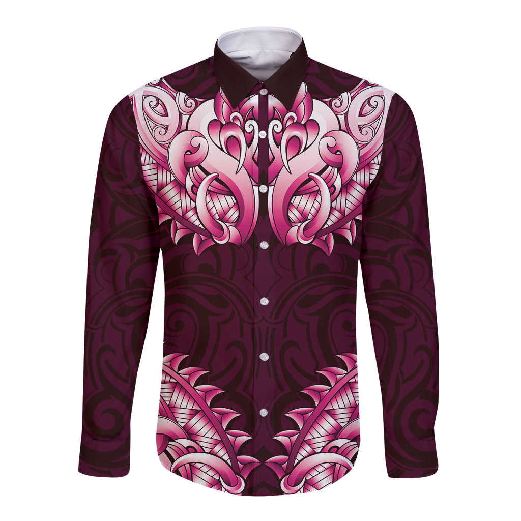 New Zealand Ta Moko Long Sleeve Button Shirt Aotearoa Maori Chest Tattoo Pink LT14 Unisex Pink - Polynesian Pride