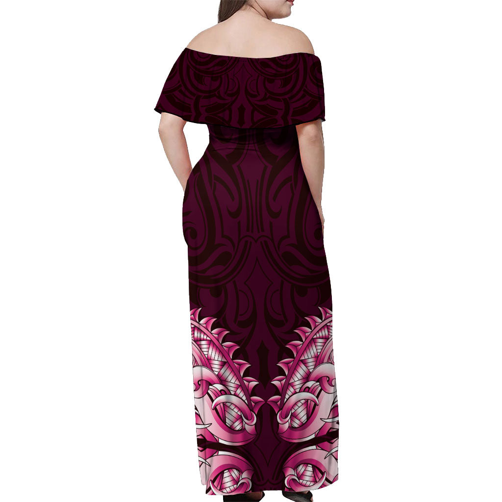 New Zealand Ta Moko Off Shoulder Maxi Dress Aotearoa Maori Chest Tattoo Pink LT14 - Polynesian Pride
