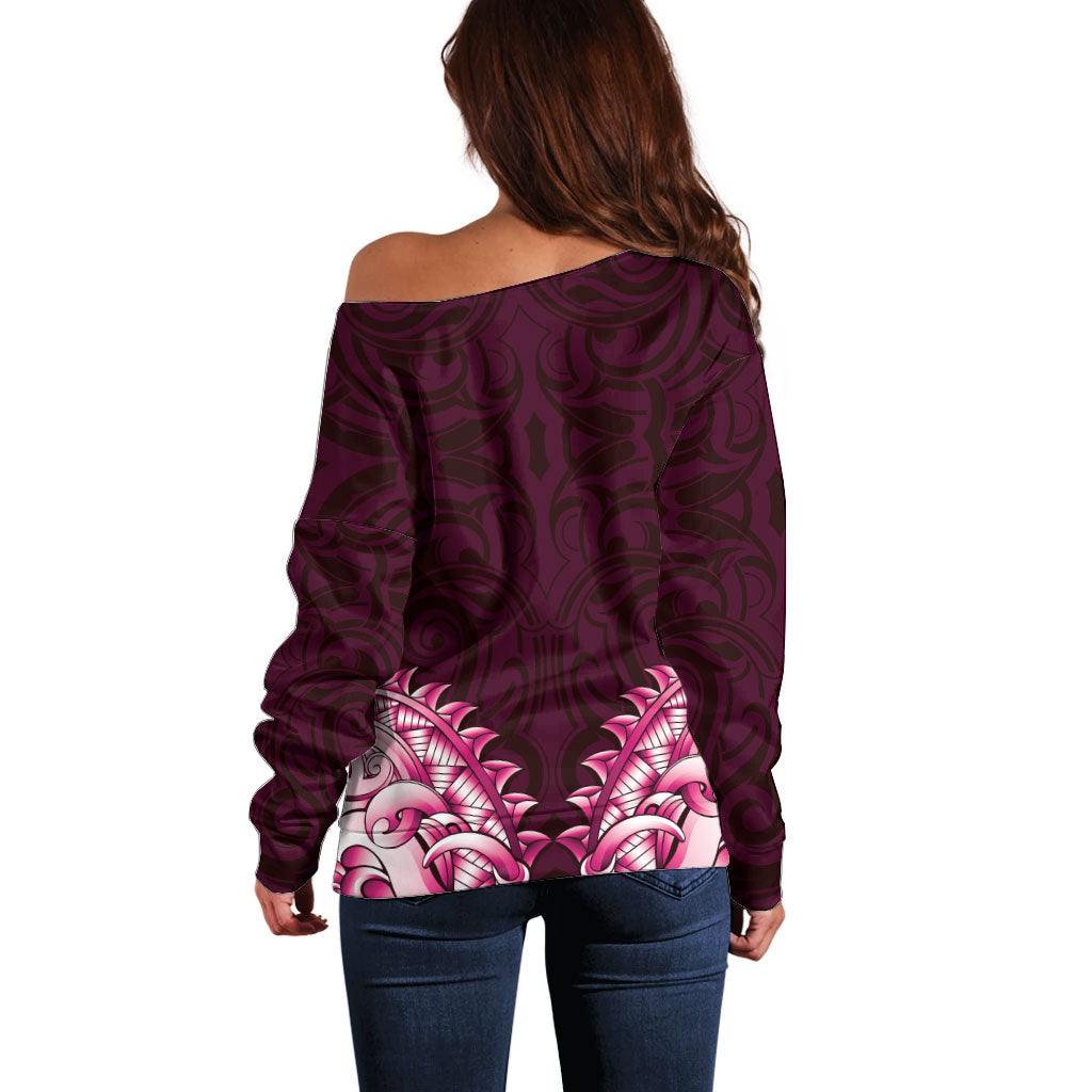 New Zealand Ta Moko Off Shoulder Sweater Aotearoa Maori Chest Tattoo Pink LT14 - Polynesian Pride