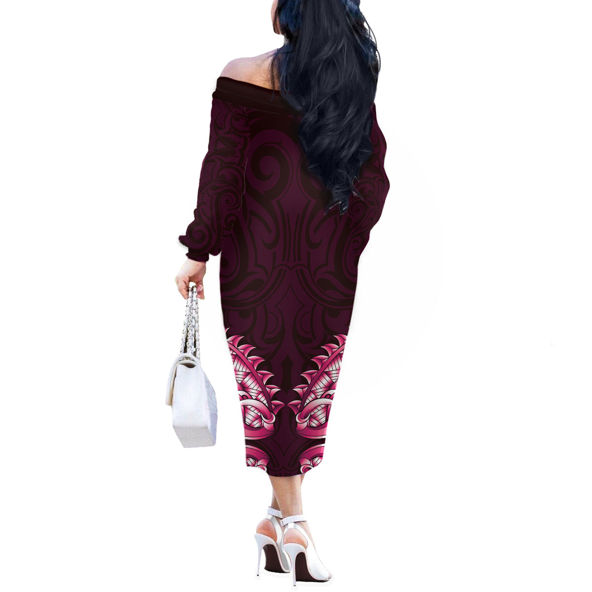 New Zealand Ta Moko Off The Shoulder Long Sleeve Dress Aotearoa Maori Chest Tattoo Pink LT14 - Polynesian Pride