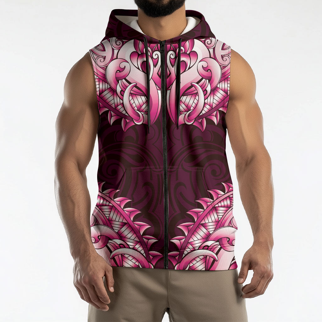 New Zealand Ta Moko Sleeveless Zip Hoodie Aotearoa Maori Chest Tattoo Pink LT14 - Polynesian Pride