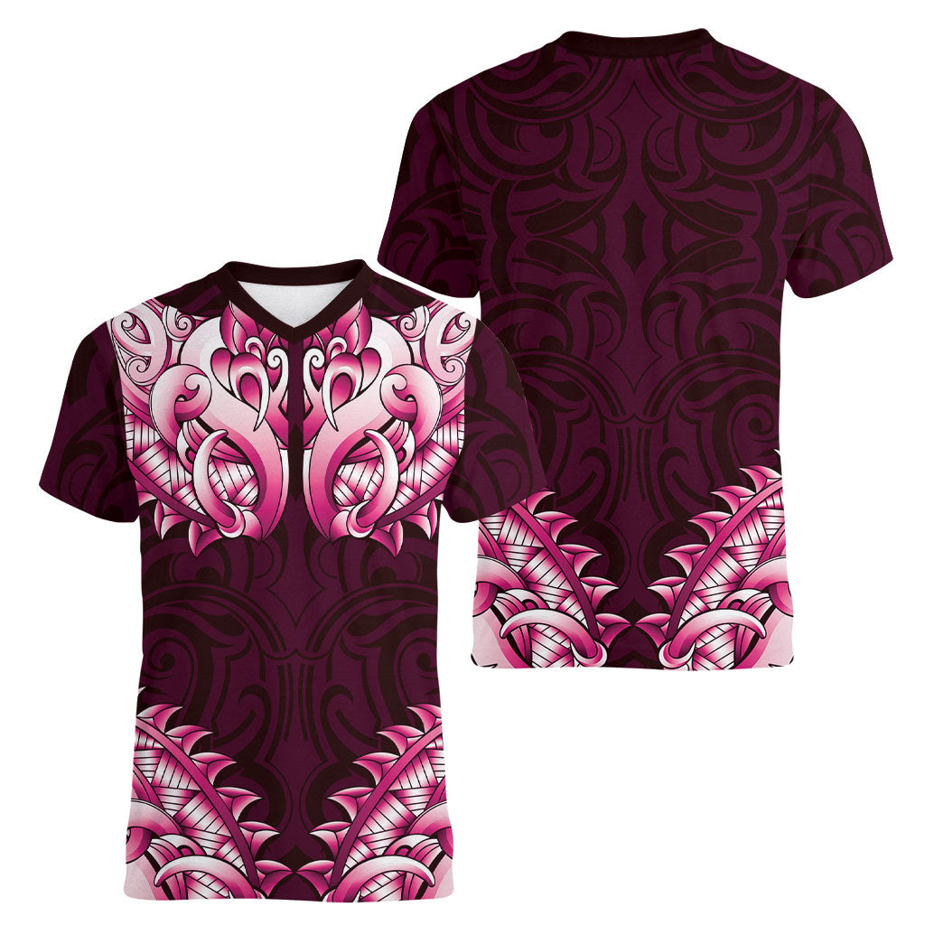 New Zealand Ta Moko Women V-Neck T-Shirt Aotearoa Maori Chest Tattoo Pink LT14 - Polynesian Pride