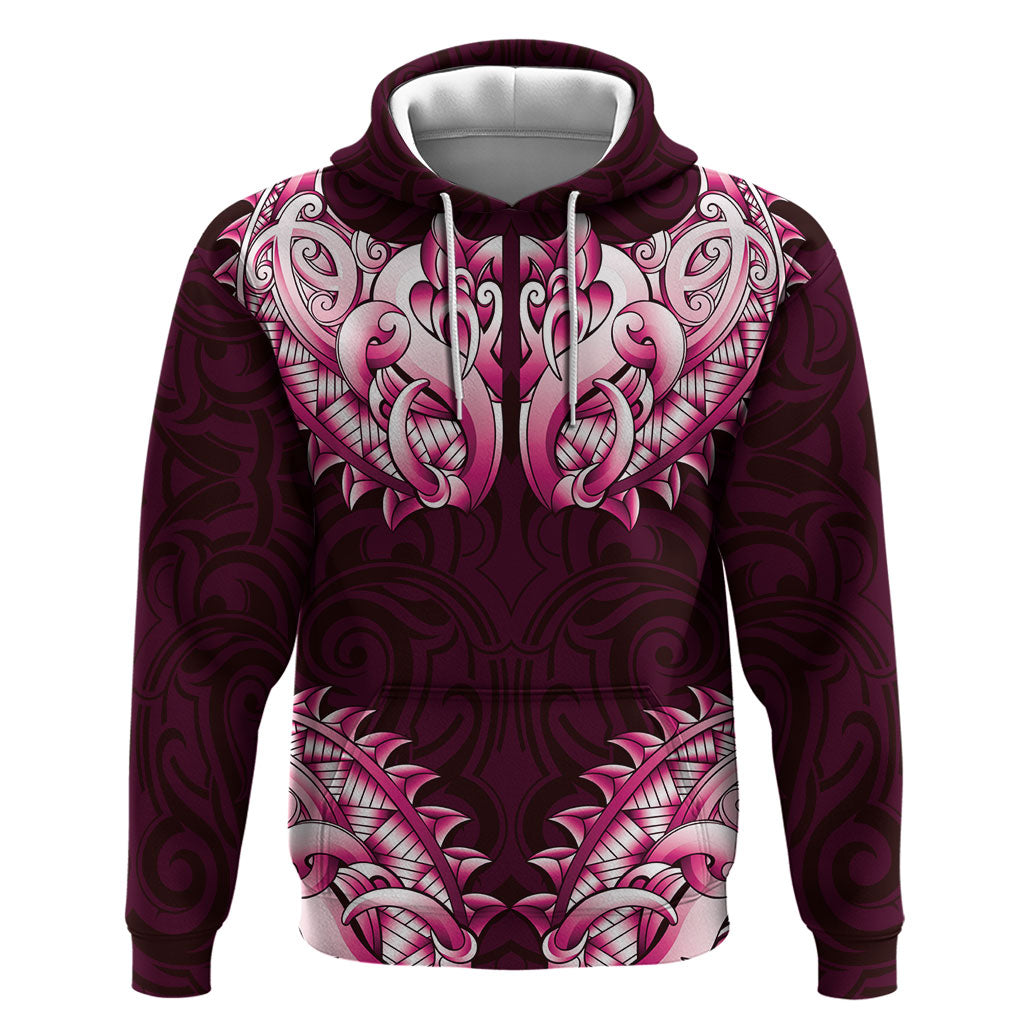 New Zealand Ta Moko Zip Hoodie Aotearoa Maori Chest Tattoo Pink LT14 Pullover Hoodie Pink - Polynesian Pride