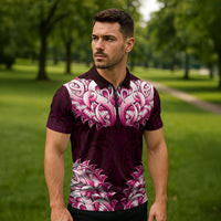 New Zealand Ta Moko Zipper Polo Shirt Aotearoa Maori Chest Tattoo Pink LT14 - Polynesian Pride