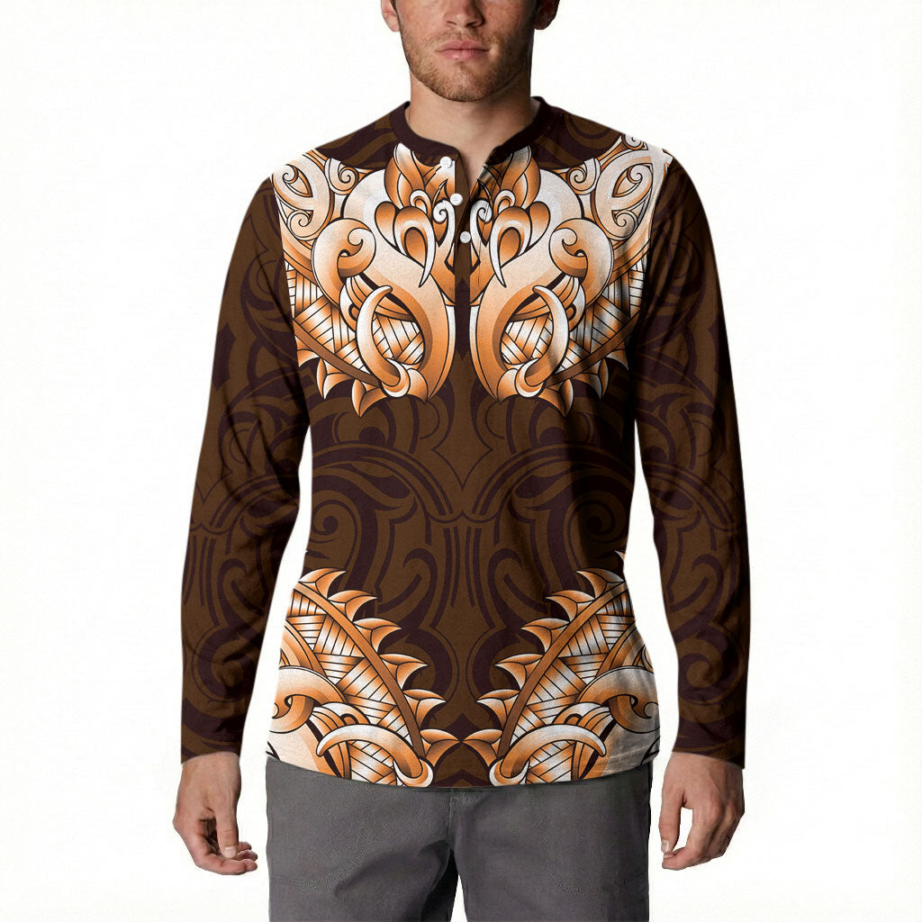 New Zealand Ta Moko Button Sweatshirt Aotearoa Maori Chest Tattoo Orange LT14 - Polynesian Pride