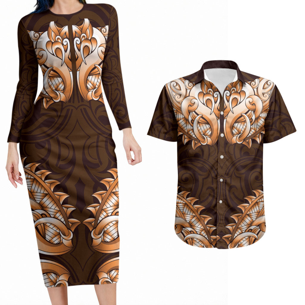 New Zealand Ta Moko Couples Matching Long Sleeve Bodycon Dress and Hawaiian Shirt Aotearoa Maori Chest Tattoo Orange LT14 Orange - Polynesian Pride