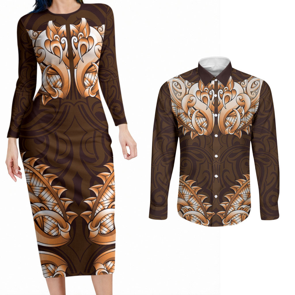 New Zealand Ta Moko Couples Matching Long Sleeve Bodycon Dress and Long Sleeve Button Shirt Aotearoa Maori Chest Tattoo Orange LT14 Orange - Polynesian Pride