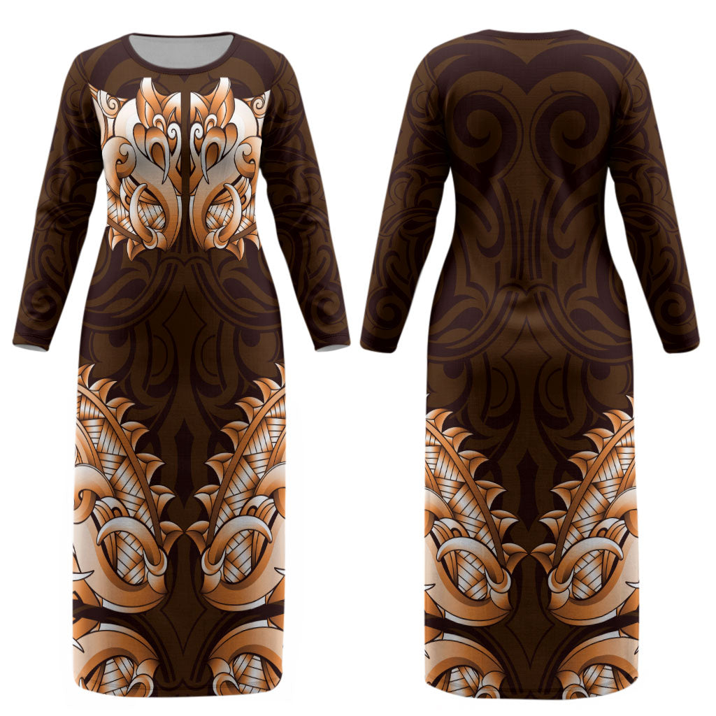 New Zealand Ta Moko Couples Matching Long Sleeve Bodycon Dress and Long Sleeve Button Shirt Aotearoa Maori Chest Tattoo Orange LT14 - Polynesian Pride