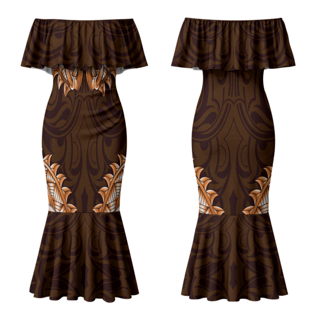 New Zealand Ta Moko Couples Matching Mermaid Dress and Hawaiian Shirt Aotearoa Maori Chest Tattoo Orange LT14 - Polynesian Pride