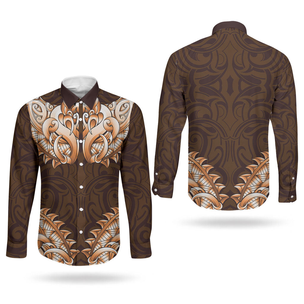 New Zealand Ta Moko Couples Matching Off Shoulder Maxi Dress and Long Sleeve Button Shirt Aotearoa Maori Chest Tattoo Orange LT14 - Polynesian Pride