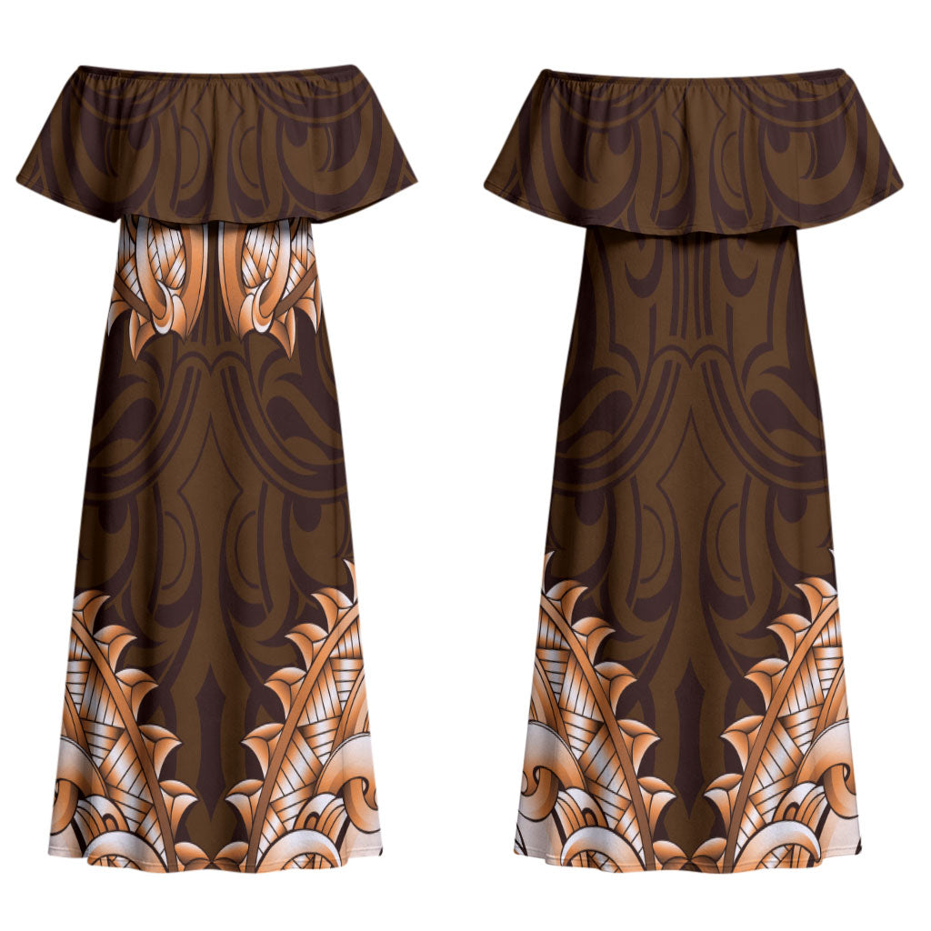 New Zealand Ta Moko Couples Matching Off Shoulder Maxi Dress and Long Sleeve Button Shirt Aotearoa Maori Chest Tattoo Orange LT14 - Polynesian Pride