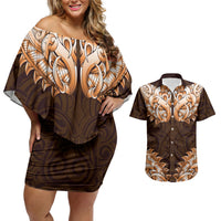 New Zealand Ta Moko Couples Matching Off Shoulder Short Dress and Hawaiian Shirt Aotearoa Maori Chest Tattoo Orange LT14 Orange - Polynesian Pride