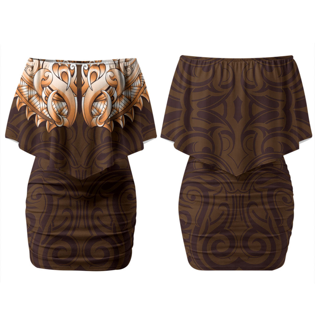New Zealand Ta Moko Couples Matching Off Shoulder Short Dress and Hawaiian Shirt Aotearoa Maori Chest Tattoo Orange LT14 - Polynesian Pride