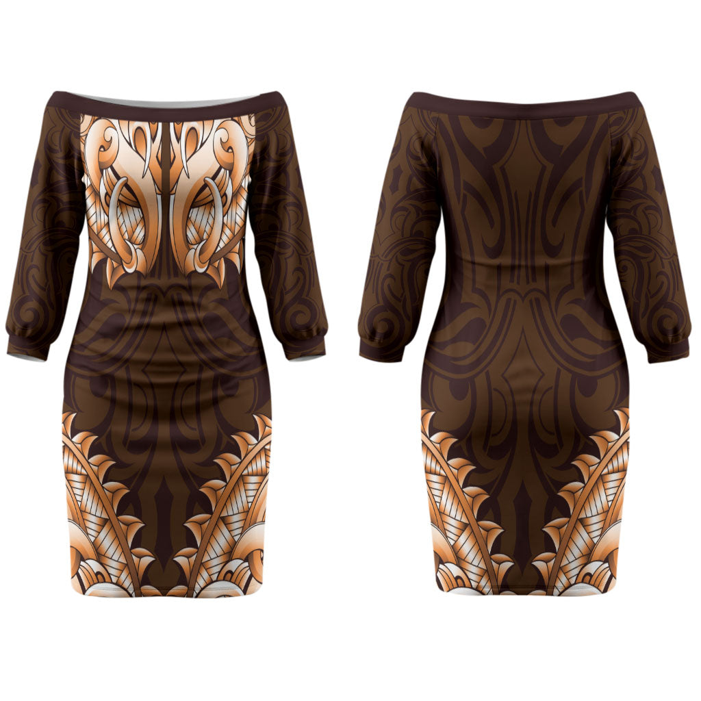 New Zealand Ta Moko Couples Matching Off The Shoulder Long Sleeve Dress and Hawaiian Shirt Aotearoa Maori Chest Tattoo Orange LT14 - Polynesian Pride