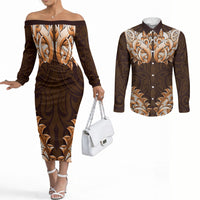 New Zealand Ta Moko Couples Matching Off The Shoulder Long Sleeve Dress and Long Sleeve Button Shirt Aotearoa Maori Chest Tattoo Orange LT14 Orange - Polynesian Pride