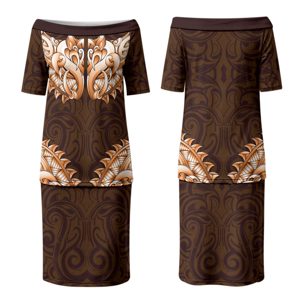 New Zealand Ta Moko Couples Matching Puletasi and Hawaiian Shirt Aotearoa Maori Chest Tattoo Orange LT14 - Polynesian Pride