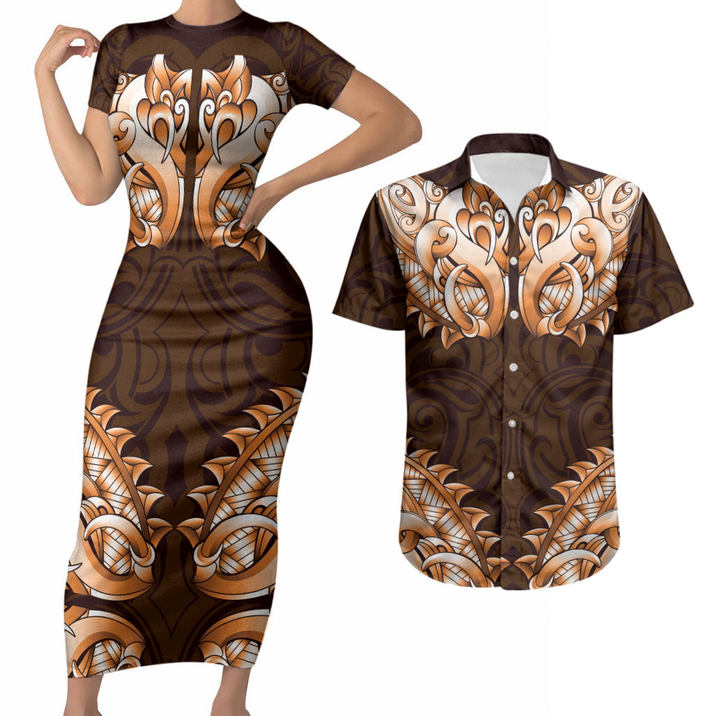 New Zealand Ta Moko Couples Matching Short Sleeve Bodycon Dress and Hawaiian Shirt Aotearoa Maori Chest Tattoo Orange LT14 Orange - Polynesian Pride
