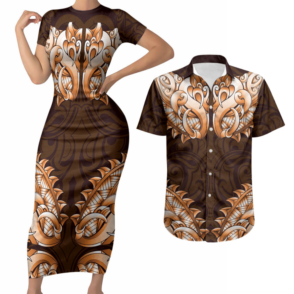 New Zealand Ta Moko Couples Matching Short Sleeve Bodycon Dress and Hawaiian Shirt Aotearoa Maori Chest Tattoo Orange LT14 Orange - Polynesian Pride