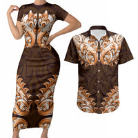 New Zealand Ta Moko Couples Matching Short Sleeve Bodycon Dress and Hawaiian Shirt Aotearoa Maori Chest Tattoo Orange LT14 Orange - Polynesian Pride