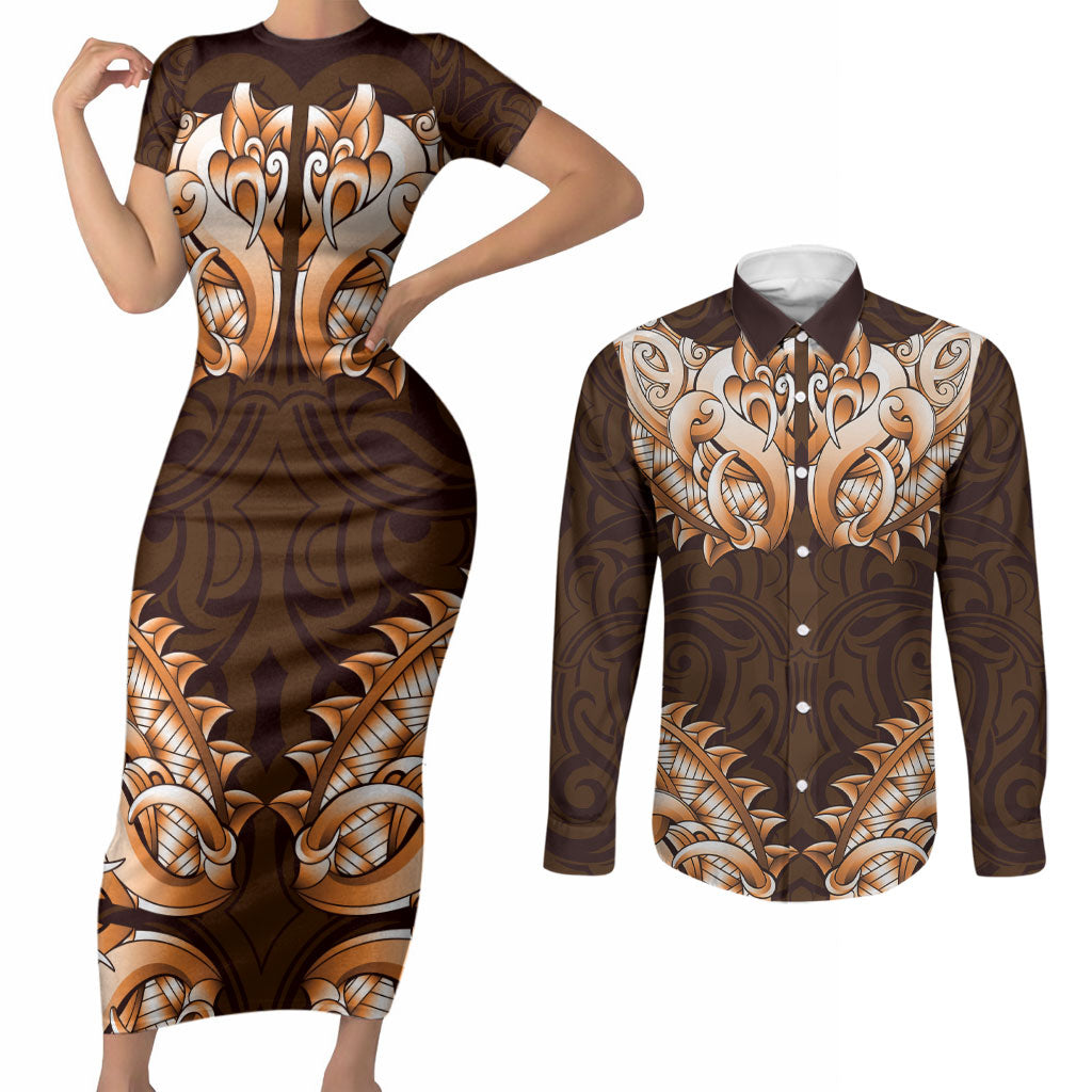 New Zealand Ta Moko Couples Matching Short Sleeve Bodycon Dress and Long Sleeve Button Shirt Aotearoa Maori Chest Tattoo Orange LT14 Orange - Polynesian Pride