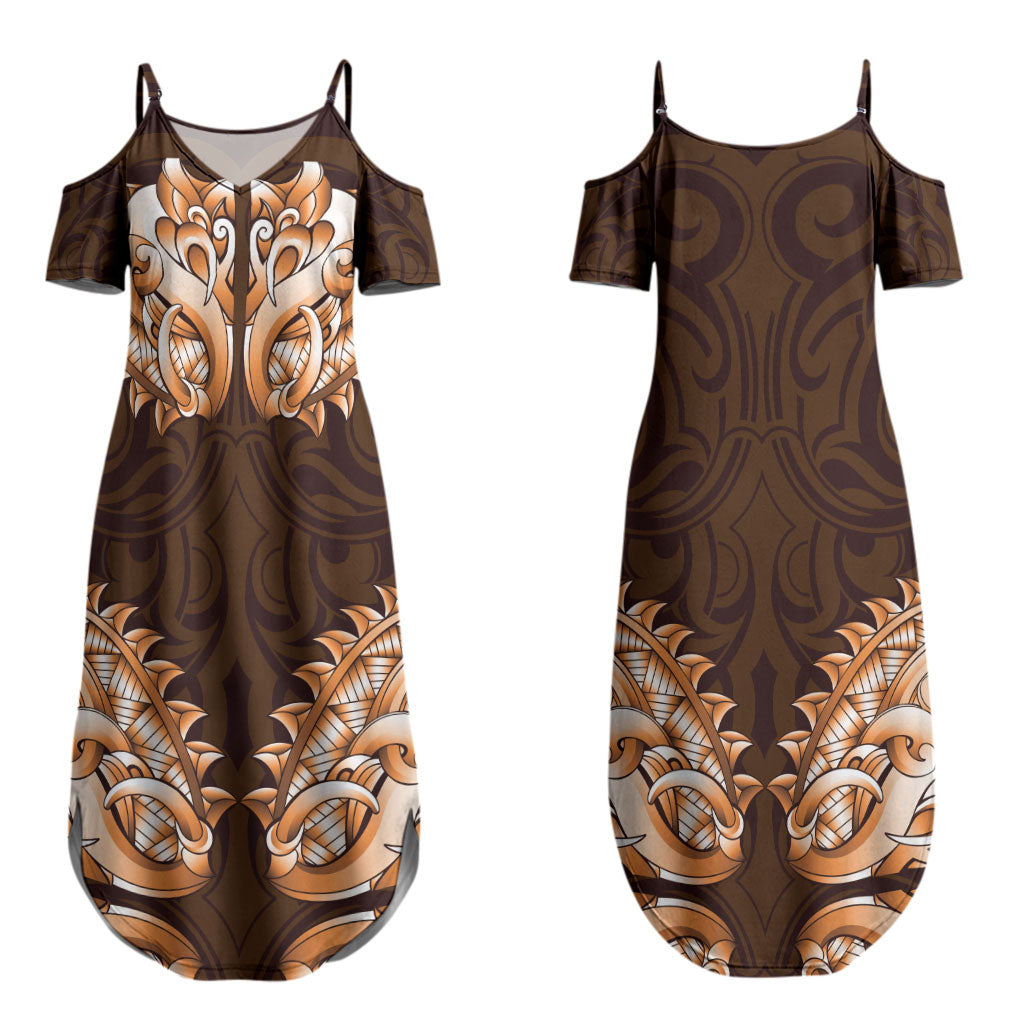 New Zealand Ta Moko Couples Matching Summer Maxi Dress and Long Sleeve Button Shirt Aotearoa Maori Chest Tattoo Orange LT14 - Polynesian Pride