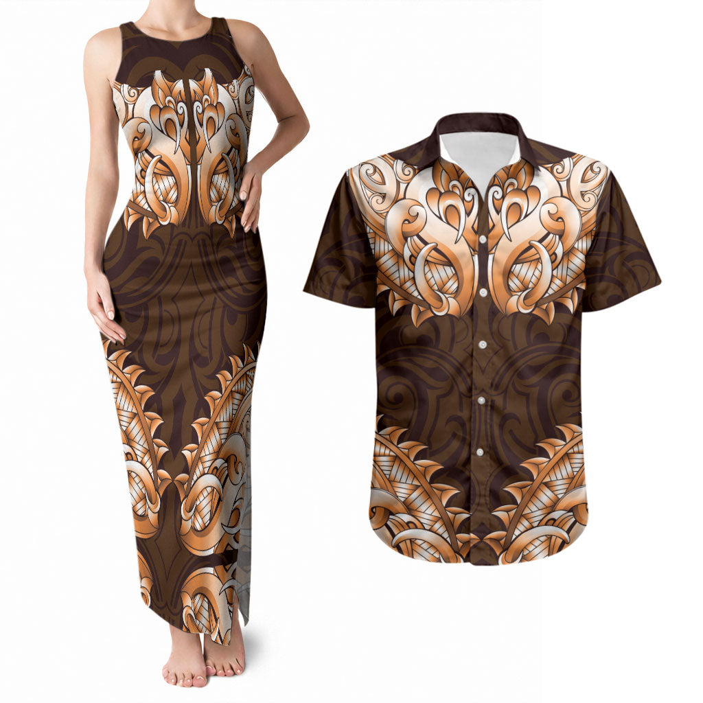 New Zealand Ta Moko Couples Matching Tank Maxi Dress and Hawaiian Shirt Aotearoa Maori Chest Tattoo Orange LT14 Orange - Polynesian Pride