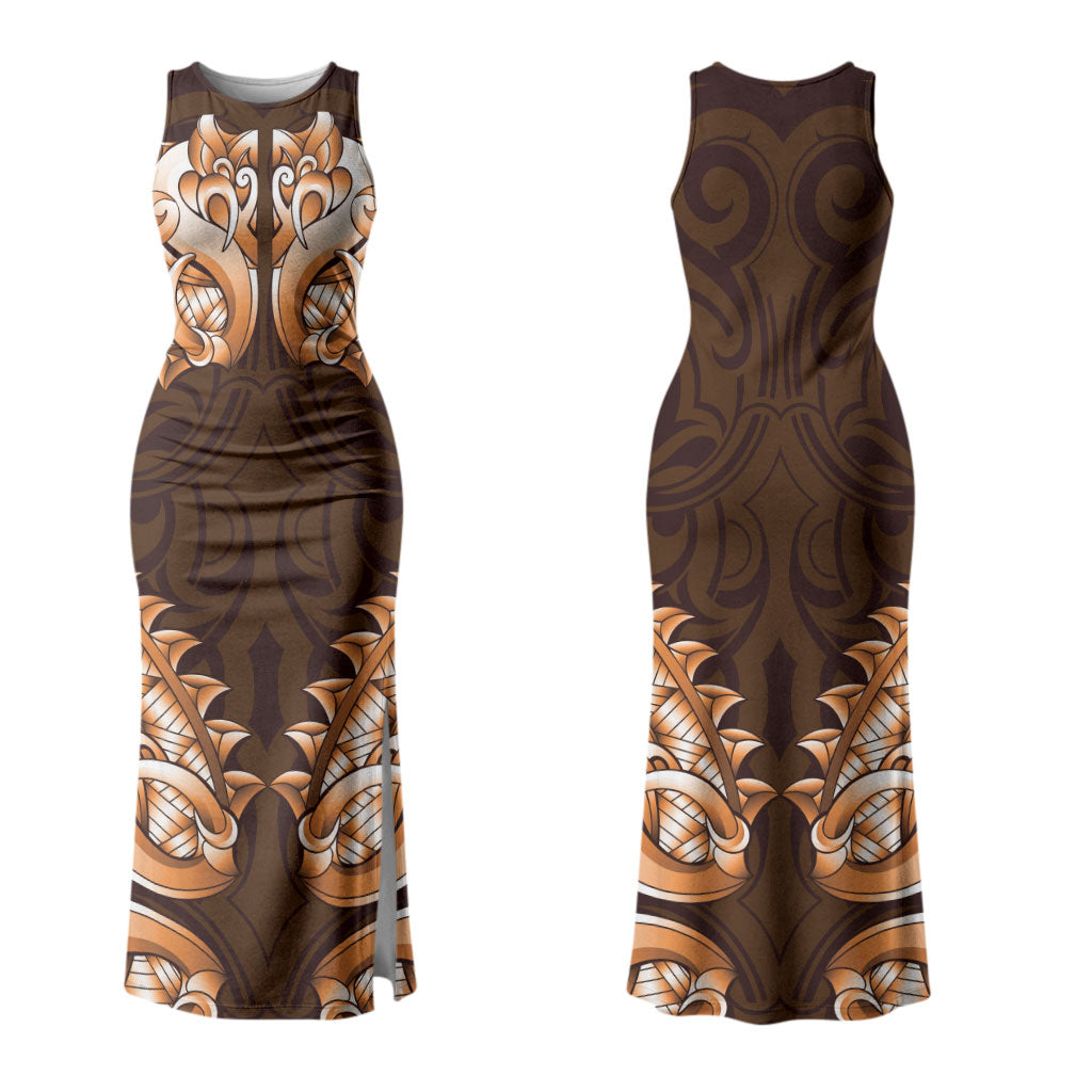 New Zealand Ta Moko Couples Matching Tank Maxi Dress and Hawaiian Shirt Aotearoa Maori Chest Tattoo Orange LT14 - Polynesian Pride